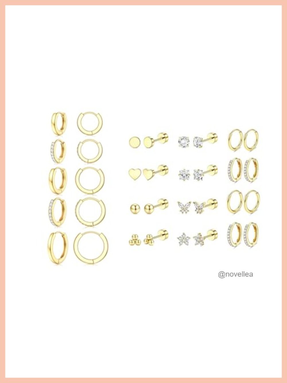 Hypoallergenic Surgical Steel Earrings Set 17 Pairs Flat Back Gold Plated Hoops